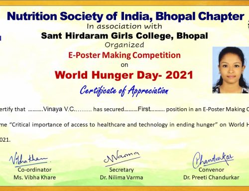 Vinaya VC got First prize in an E-Poster Making Competition conducted by NSI, Bhopal Chapter in association with Sant Hirdaram Girls College Bhopal.